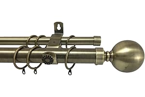 Your Home Online 28 / 19mm Metal Double Curtain Pole Metal Finial Polished Brushed Chrome Brass (3m, Antique Brass)