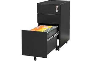 LVSTEEL Aktenschrank mit 3 Schubladen und Schloss，Mobiler Metallschrank für Home Office, für Rechts-/Rechtliches/Briefgröße, Komplett montiert, Schwarz