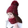 29 IYEBRAO Womens Winter Knit Pom Pom Beanie Hat Scarf Set Girls Slouchy Thick Fleece Lined Ski Hat Warm Skull Cap