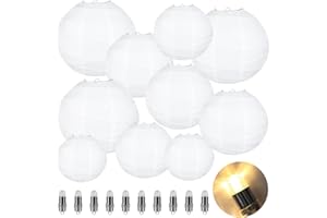 Encham Pack of 10 Crossed Paper Lanterns White Lanterns with 10 Pieces Warm White Mini LED Balloons Lights Paper Lantern Lampshade for Wedding Party Birthday Decoration