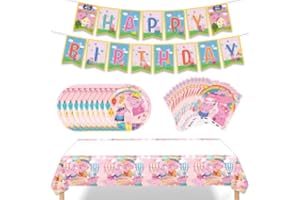 YANLI Peppa Birthday Party Supplies, 32Pcs Pink Pig Style Decorations for Birthday Party, Pink Pig Party Supplies Tableware Set for Kids include Banner ,Table cloth ,Plates, and Napkins