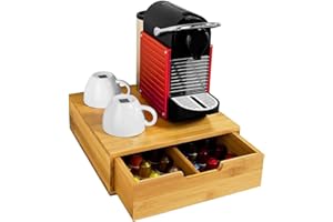 BAKAJI Dispensador Con Cajón Para Almacenar Cápsulas Almacenamiento Organizador Cápsula de Nespresso Dolce Gusto Café Té Pòds Porta Cápsulas de Madera de Bambú 31 x 30,5 x 9,5 cm