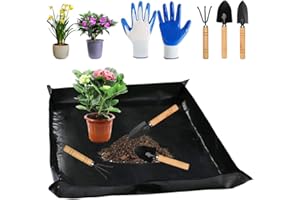 QINERSAW 100x100cm wasserdichte Pflanzen Gartenmatte Umtopfen Pflanzmatte Garten Umtopfmatte Pflanzen Faltbare Pflanzunterlage Gartenarbeitsunterlage Plant repotting mat mit Gartenwerkzeug Schwarz