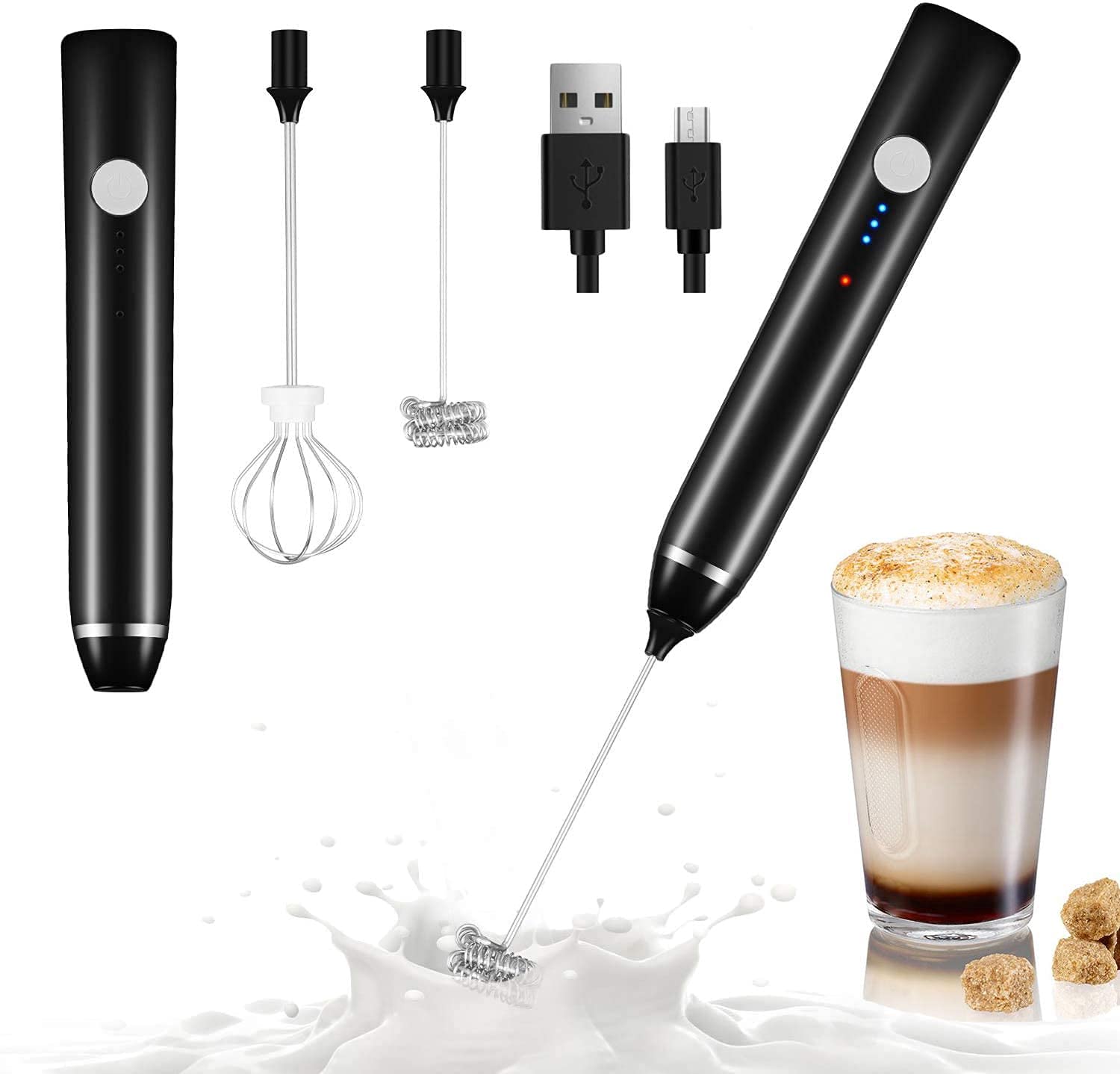 Eripeli Handheld Milk Frother, USB Rechargeable 3 Speed Modes Mini Electric Milk Foam Maker with 2 Different Whisking Head Mi
