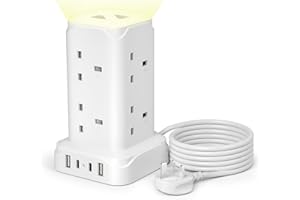 STGAROT Tower Extension Lead with USB Slots, 8 Way Multi Plug Extension Tower, Surge Protection Plug Socket Tower Power Strip with LED Night Light and 2M Cable for Home, Office