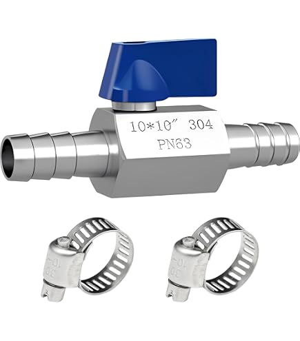 Produktbild von Kugelhahn Aus 304 Edelstahl Mit Widerhaken – 10mm, Blauer Griff, Für Wasser, Luft, Öl, Dampf – Garten, Wohnmobil, Küche