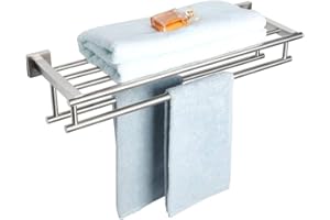 SAYAYO Toalleros de Doble Barra de Toalla Cepillado Pared Estante de Almacenamiento, Accesorios Baño Acero Inoxidable Colgador Trapos Cocina, 60CM, EGZ8000-LS