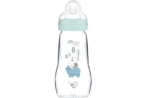 MAM Feel Good Gourde en Verre pour bébé avec tétine Taille 1 à partir de la Naissance Motif Ours/hérisson 260 ML