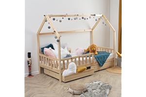WEB2O Cama cabaña infantil de madera natural 90x190 cm con 2 cajones