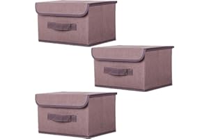 EURXLQ 3 Składane pudełko do przechowywania z pokrywką Składany pojemnik do z lnianej tkaniny z klapką i uchwytami, koc na ubrania do Domu, Szafa (Kawa, 26×19×16 cm)