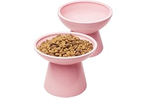 CEEFU 2 Extra Wide Elevated Cat Food Bowl, Ceramic Cat Bowls for Food and Water, Wide Shallow Cat Food Dish, Whisker Fatigue, Lead & Cadmium Free, Great Height for Cat, Pink