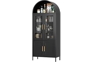 ‎SUPEER SUPEER Vitrine aus Metall Sideboard Standschrank mit Bogendach,Vitrinenschrank Küchenschrank mit 2 Glasstür und 2 Die Metalltür, Glasvitrine Schrank für Wohnzimmer Schlafzimmer, 185x80x40 cm（schwarz）