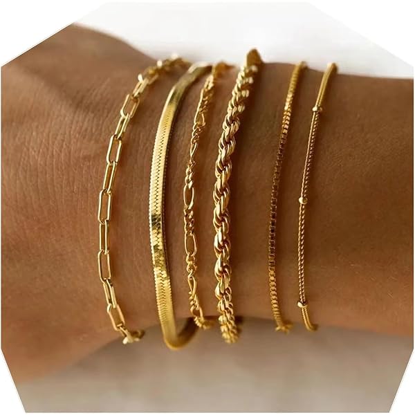 KRFY Bracciale per Donna 14 K Placcato Oro Bracciale Set Argento Figaro Cubano Tennis Catena Bracciale Twist Spina di Pesce Impilabile Argento Oro Bracciali Set per Gioielli Da Donna