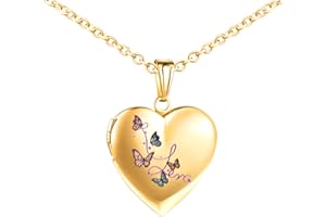 INFINIONLY Colliers Médaillons Cœur en Acier Inoxydable pour Femme Fille Enfant Pendentif Papillons Colorés Collier Souvenir Photo Personnalisé