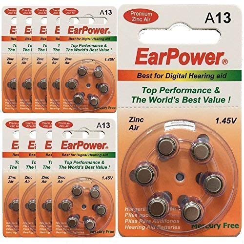 Pilas de Audífonos EarPower 13 | Pilas de botón para Aparato Auditivo | Pack de 60 Unidades