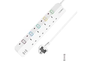 Extension Lead with USB Slots, Toomke 4 Way Plug Extension Socket with 2 USB-A and 1 USB-C, Mountable Power Strip with Individual Switches, UK Plug Socket 1.5m Extension Cord 13A 3250W