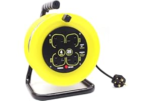 YEEJUAK Outdoor Cable Reel with 25M Extension Lead, 4 Way Socket Extension Cable Yellow, with ON/Off Power Switch, Thermal Cut Out and Ergonomic Thermoplastic Handle Cable