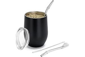 TELANKS Modernes Mate Becher 340 ml, Yerba Mate Becher Doppelwandiger 18/8 Edelstahl, Mate Tee Tasse mit BPA-freiem Deckel, Stroh(Bombillas) und eine Reinigungsbürste (Schwarz)