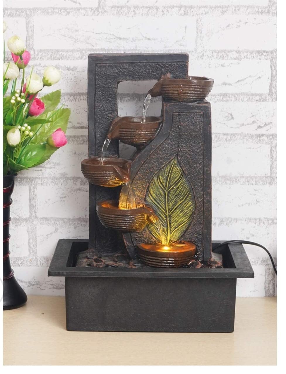 Arjun Water Fountain with LED Lights for Home Decor Decoration Showpiece Gift Gifting Items (Brown)