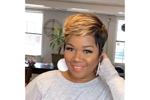 Fereowth Perruque Courte short Pixie Human Hair Wig with Bangs Perruque De Cheveux Humains lisse Brésilienne Cheveux avec Frange Naturelle Perruques pour Femmes (Noir) (#1B/30)