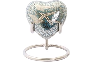 UrnsWithLove Urna de Aluminio con Forma de corazón para Cenizas con Tapa Mejorada, urna Conmemorativa con Caja y Soporte (pájaros voladores Azules)
