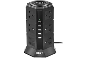 Tower Extension Lead, BEVA Multi Plug Socket 12 Way Outlet Surge Protector Power Strip Electric Charging Station with 5 Smart USB Charger(5V/4.5A), 2M Extension Cords for Home and Office