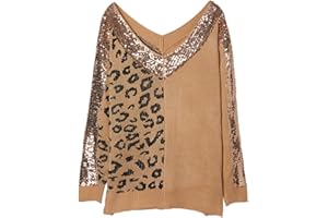 PengGengA Paillettes Garniture Goutte épaule Croix col en V Imprimé Léopard Pull Femme Pull Tricot Haut Manches Pull