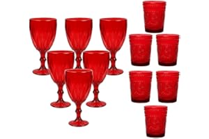 cecaro group - Set 6 Calici Natalizi in Vetro Rosso 320 ml e Set 6 Bicchieri Natalizi in Vetro Colorato Rosso 280 ml - Ideali per Tavola di Natale, Brindisi e Feste