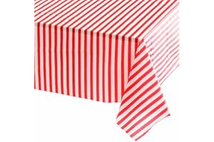 YAAVAAW 137*274cm Red and White Stripes TableCloth Table Cover Party,Union Jack Table Cloth,Rectangular Tablecover Plastic Red Table Cloth Party for Picnic,Baby Shower,Christmas,Birthday Parties Decorations