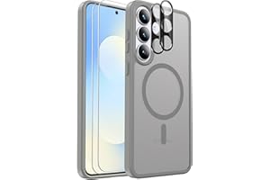Ezanmull für Samsung Galaxy S25 FE Hülle Magnetisch Stoßfest, 2 Glas Bildschirm Schutzfolie + 2 Kamera Objektiv Schutzfolie, Transparente Anti-Fingerabdruck Hülle für Galaxy S25 FE (Grau)