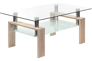 MOG CASA Mesa de Centro Porter Moderna con Tapa de Cristal Transparente y Base de Metal de Roble Sonoma (100x60 cm)