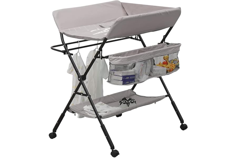 MeJa Baby Changing Table,Baby Changing Unit, Portable Folding Adjustable Changing Tables, Infant Care Station with Wheels and Storage,Diaper Organizer Station Table(Light Gray)