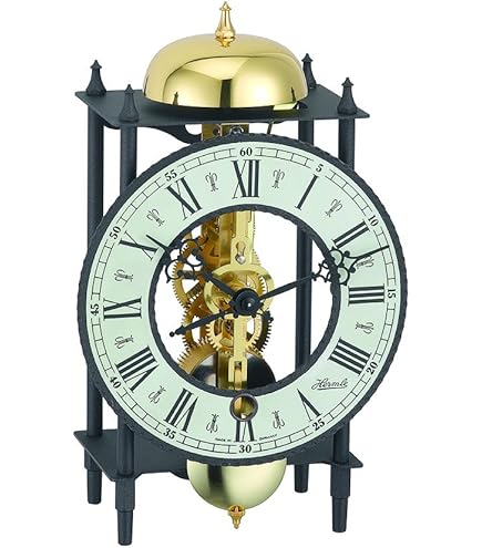 Hermle Orologio da tavolo scheletro con colonne in alluminio anodizzato, triangolo 23025-Q70721, quadrante arabo, quadrante blu, struttura nichelata