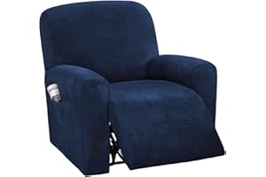 LINGKY 4-Pieces Recliner Chair Covers Velvet Stretch Armchair Covers With Side Pocket Thick Soft Washable Recliner Sofa Covers 1 Seater Replacement Furniture Protector (Armchair, Navy)