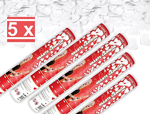 5 x Konfetti Kanone weiße Herzen 40 cm Herz Regen Shooter Hochzeit Partypopper
