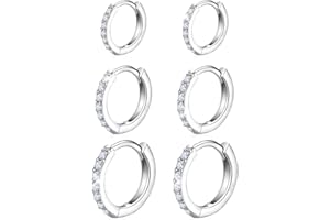 PT Haahoos 3 Pair Sterling Silver Hoop Earrings, Silver Hoops Earrings for Women S925 Huggie Hoop Earrings with Cubic Zirconia, Round Rhinestone Copper Earrings for Women Girls Bridal(12mm 10mm 8mm)