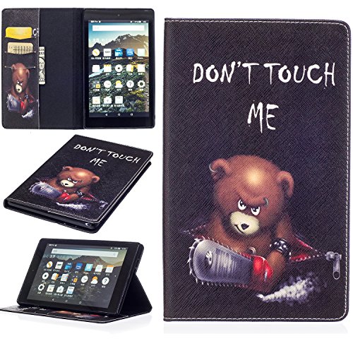 Für Fire HD 8 Hülle,SKYXD Leder Klappbar PU Folio Klappbar Schutzhülle [Auto Schlaf/Wach Funktion] Standfunktion Magnet Klapphülle Zubehör Handy Tasche für Amazon Fire HD 8 (6. Generation - 2016 Modell) Case Bookstyle Flip Leather Cover - Bär Don't Touch