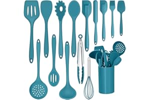 Joyfair - Set di utensili da cucina in silicone, 15 pezzi, con supporto per utensili, antiaderenti, lavabili in lavastoviglie, colore: blu