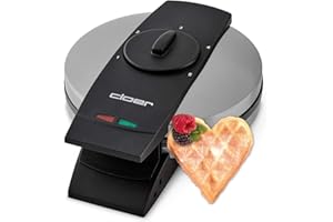 Cloer 1639SR Piastra per Waffle, cialda a cuore 15,5 cm Ø, doppio rivestimento antiaderente, resistente allo zucchero, 930 W, spia di cottura, pratica funzione di supporto, acciaio inossidabile