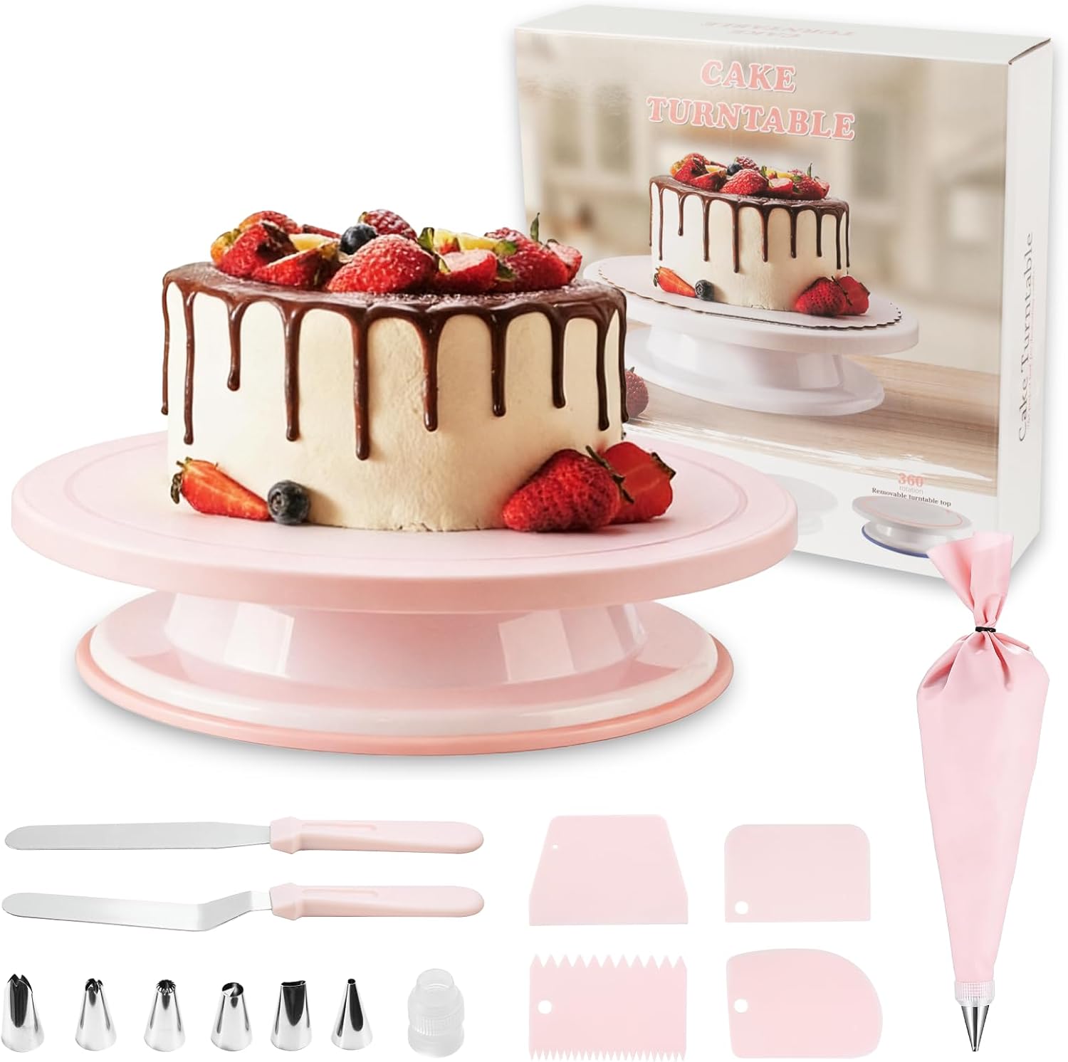 JUYUANXIN 1 Plato Giratorio para Tartas, Plato Giratorio Decoración Pasteles, decoración pastel kit, accesorios para tartas, con 2 espátulas 6", 4 raspadores, 8 mangas pasteleras con boquillas (rosa)