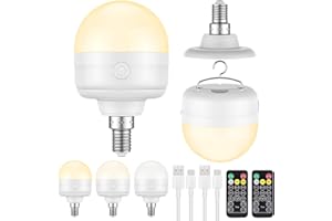 LGMCF Rechargeable Light Bulb, E14 Dimmable Bulb with Hidden Hook and Remote Control, 10W Battery Powered Light Bulb with Magnetic Base Detachable for Non Hardwired Lamps, Camping, Emergency, 2 Pack