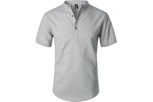 LucMatton – Chemise à manches courtes et col cheminée Henley, décontractée et légère, en coton et lin, pour homme
