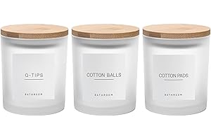 Ezebesta 3PCS Modern 13.53oz Transparent Bathroom Canisters with 12 Labels & Wooden Lid Thick Glass Jar Set Qtip Holder for Cotton Ball & Pads Storage Organization Minimalist Decor