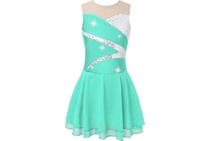 ranrann Enfant Fille Robe Patinage Artistique Justaucorps Gymnastique Robe Danse Strass Tenue Danse sur Glace Costume Spectacle 5-16 Ans