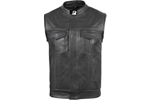 Lesa Collection Real Leather Men’s SOA Style Motorcycle Cut Off Vests Chrome Biker for Riding and Fashion Cut Sleeveless style Waistcoat with Deep Pockets - Black - Small