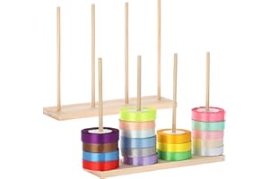 OGANAZI 2 Pcs Wooden Ribbon Rack Storage, Washi Tape Organizer, Wood Ribbon Organiser Wire Spool Stand Holder, Ribbon Roll Holder for Sewing Craft Tape Wreath Crochet Roll Florist Arts Wrapping Gift