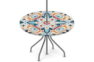 KNEMI Round Garden Table Cloth With Parasol Hole, Damask Mandala Outdoor Circular Fitted Tablecloth with Umbrella Hole Waterproof Elastic Edged Table Cover for Party Picnic, Fit for 36"-44" Round Tables