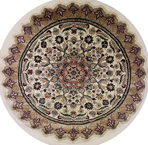 4'1 x 4'0 Pak Persian Ivory, White Color Area Rug with Silk & Wool Pile - | a 4x4 Round Rug | An Authentic Hand Knotted Pak Persian Silk and Wool Rug