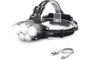 HUMPUN LED Head Torch Rechargeable, 10000mAh Headtorch 5 LEDs 8000LM Super Bright with Red Tail Light, 6 Lighting Modes, Charging Indicator, 180° Lighting Angle for Camping, Running, Cycling, Fishing, Hiking