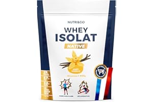 NUTRI & CO Whey Isolate Native - Jusqu’à 94% de Protéines - Pur Lait Français Low Lactose Digestion Facile - Riche en BCAA - Prise de Masse & Musculation - 900gr 30 portions goût Vanille